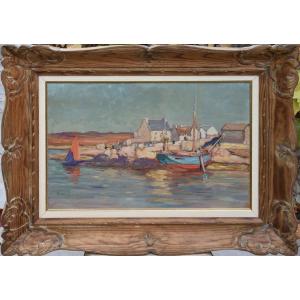 Marcel Canet "le Port En Bretagne" Huile Sur Panneau 37x54